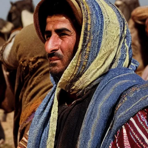 Image similar to Close up of a Kurdish shepherd wearing Kurdish clothes in a movie directed by Christopher Nolan, movie still frame, promotional image, imax 70 mm footage