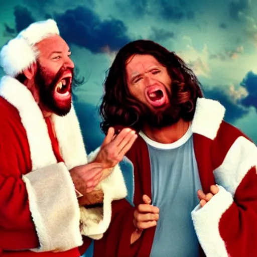 Image similar to Santa and Jesus angrily screaming at each other, 80s movie action battle, crying pink ice cream with a face