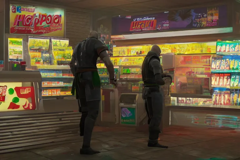 Image similar to agent 4 7 ordering a slurpee at 7 1 1, ps 5 god of war screenshot