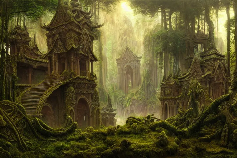 Image similar to a beautiful and highly detailed matte painting of a lost temple in a mystical forest high in the mountains, psychedelic, celtic, intricate details, epic scale, insanely complex, 8 k, sharp focus, photorealism, artstation, cgsociety, by caspar friedrich, albert bierstadt, james gurney, brian froud,