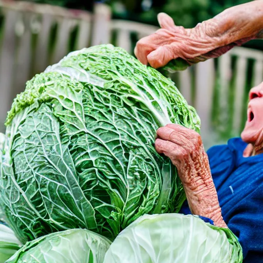 Prompt: elderly woman screaming at a cabbage, canon eos r 3, f / 1. 4, iso 2 0 0, 1 / 1 6 0 s, 8 k, raw, unedited, symmetrical balance, wide angle