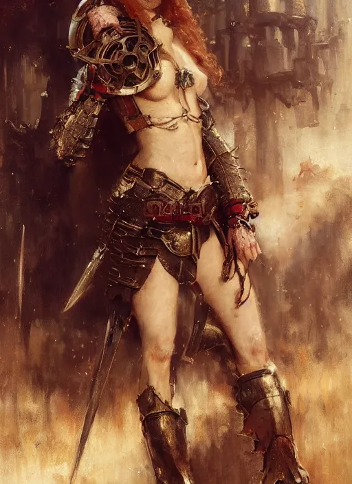 Image similar to staring seductively short muscular redheaded woman wearing realistic medieval armour, detailed by gaston bussiere, bayard wu, greg rutkowski, giger, maxim verehin, greg rutkowski, masterpiece, sharp focus, cinematic lightning