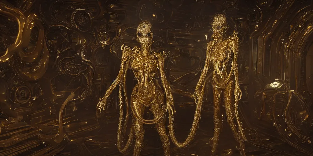 Prompt: a photo of 8k ultra realistic corrupted lovecraftian golden humanoid queen standing next to a spaceship window, 8 intricate white and gold tentacles, ornate white and gold armour, cinematic lighting, trending on artstation, 4k, hyperrealistic, focused, high details, unreal engine 5, cinematic, masterpiece