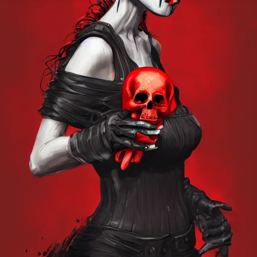 Image similar to Female death. holding a red and black skull. with the top cut off in one hand up to her face like hamlet, kodachrome, high contrast, highly detailed, sharp focus, digital painting, concept art, illustration, trending on artstation,