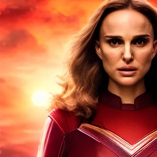 Image similar to Natalie Portman as scarlet witch from MCU, highly detailed, 8K HDR, sunset.