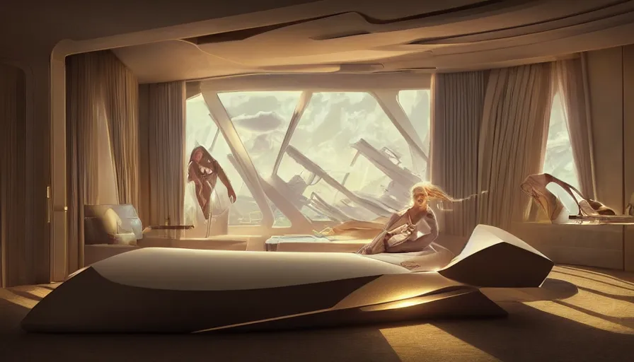 Image similar to a futuristic hotel room by artgerm and greg rutkowski and alphonse mucha, zaha hadid, volumetric light, detailed, octane render, midsommar