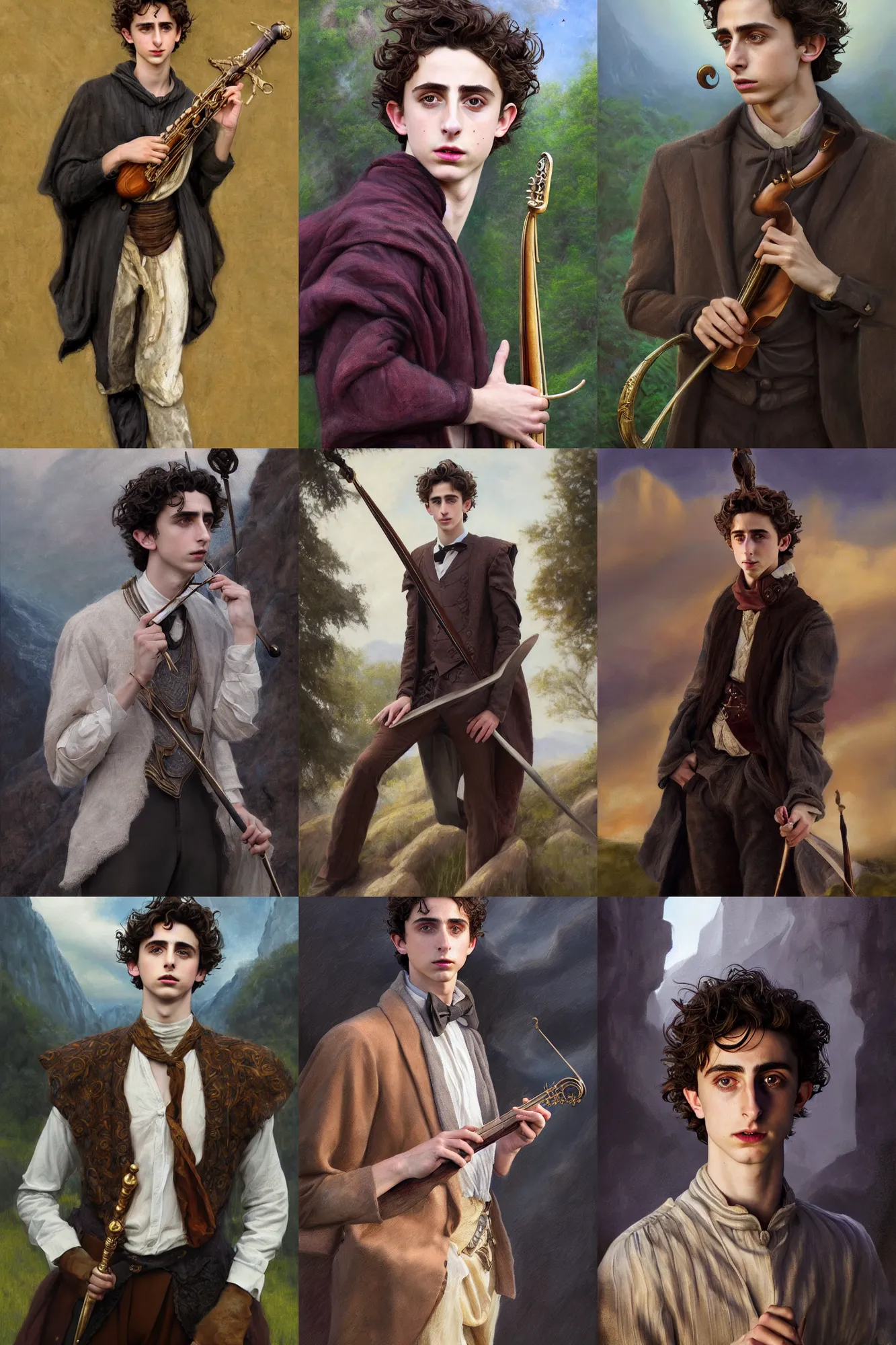 Prompt: a full body high detail fantasy portrait oil painting illustration of timothee chalamet as an elegant male bard by justin sweet with face and body clearly visible, in a scenic background, visible pupils, realistic proportions, d & d, rpg, forgotten realms, artstation trending, high quality, sombre mood, artstation trending, muted colours, entire person visible!