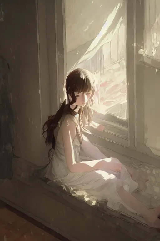 Prompt: a girl in a maid's outfit in the bedroom a night, raining outside the window, wavy white long hair, by krenz cushart and mucha and akihito yoshida and greg rutkowski and makoto shinkai and rei _ 1 7, detailed eyes, 4 k resolution