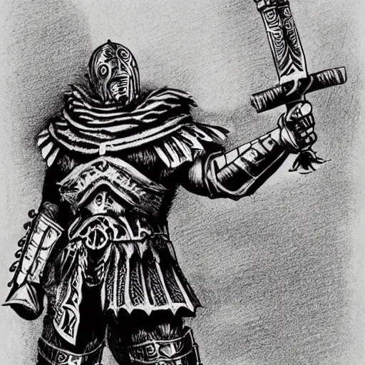 Image similar to a kislev warrior who is wearing iron gauntlets in the shape of bear claws in the style of warhammer fantasy : : head and shoulders drawing