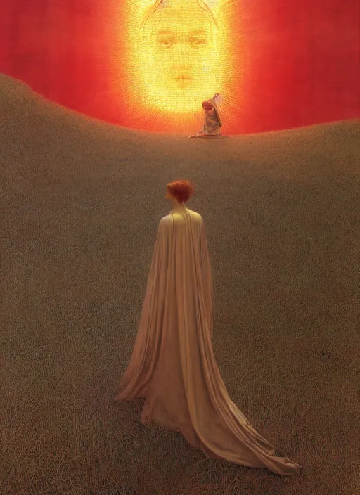 Image similar to Woman masterpiece, red, golden halo behind her head, by Edgar Maxence and Ross Tran, Zdzisław Beksiński, and Michael Whelan, distant, gustav dore, H.R. Giger, 8k, octane render