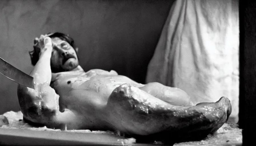 Image similar to 1 9 6 0 s movie still by tarkovsky of jean - paul marat a knife stuck in the chest in his bath, cinestill 8 0 0 t 3 5 mm b & w, high quality, heavy grain, high detail, panoramic, cinematic composition, dramatic light, anamorphic, raphael style, piranesi style, bloody