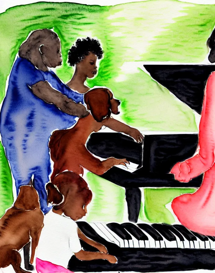 Image similar to a white person and a black person near the piano keyboard with two dogs water colors