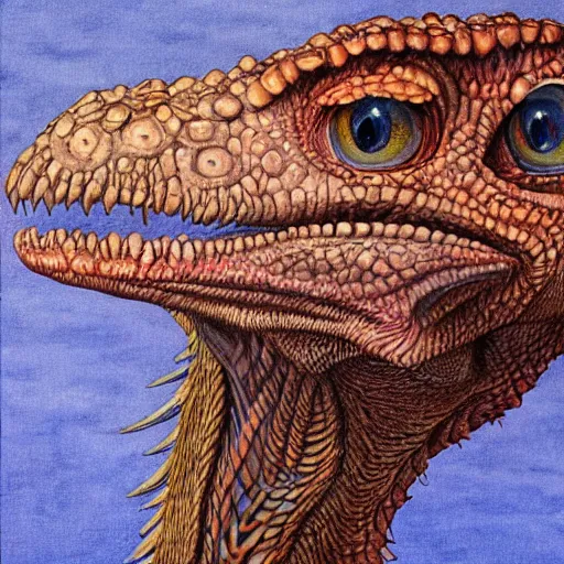 Image similar to portrait of velociraptor,, artwork by Daniel Merriam,