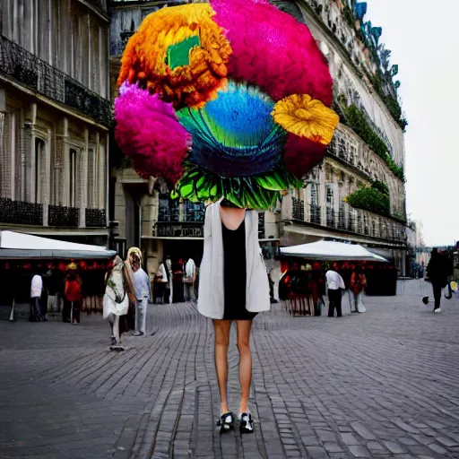 Image similar to giant flower head, woman walking in paris, surreal photography, symmetry, flat space, fanciful, bright colours, detailed, wes anderson