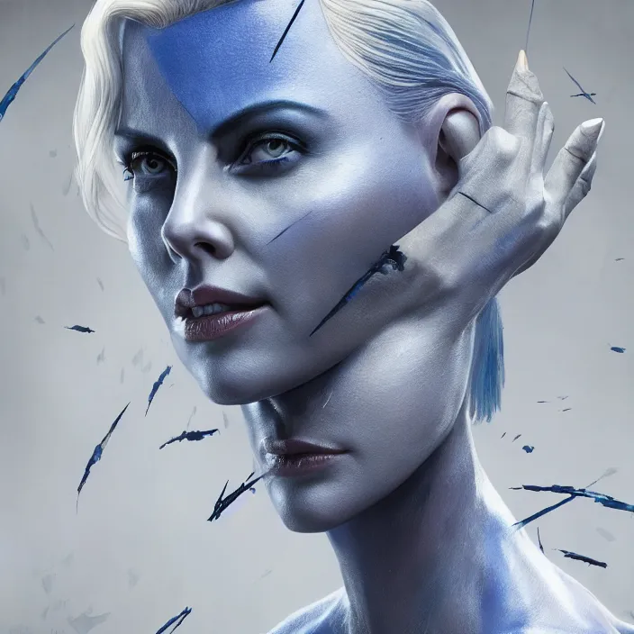 Image similar to charlize theron as mystique. x - men. intricate abstract. intricate artwork. by tooth wu, wlop, beeple, dan mumford. octane render, trending on artstation, greg rutkowski very coherent symmetrical artwork. cinematic, hyper realism, high detail, octane render, 8 k, iridescent accents