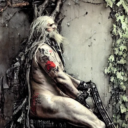 Image similar to razorpunk Rip Van Winkle disguised as the immortal bum seated in an ivy-covered hovel jonas de ro norman rockwell jim mahfood luis royo nicola samori unreal engine render bar code