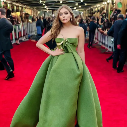 Image similar to elizabeth olsen walking on the red carpet, wearing an avocado shaped with the pith in the middle, trending on unsplash, 4 k quality, intricate