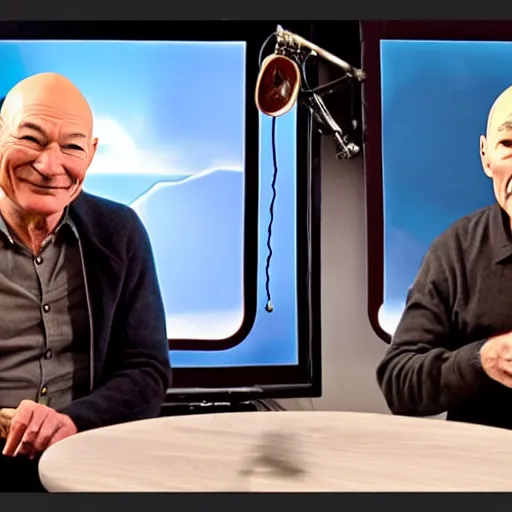 Image similar to patrick stewart and john delancey hosting a podcast, intricate, highly detailed, digital painting, by adam paquette and adolf hiremy - hirschl