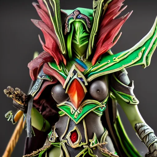 Image similar to diorama of Sylvanas Windrunner. Intricate detail macro 50 mm