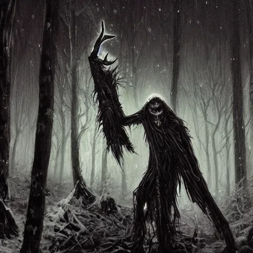 Image similar to cloaked humanoid wendigo feasting, nighttime located in a snowy dark forest, lurking horror, distant - mid shot, dungeons and dragons, magic the gathering, forboding, high detail, oil painting, style of seb mckinnon