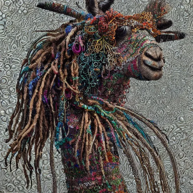 Image similar to llama with dreadlocks, detailed, by ernst haeckel, james jean, el anatsui, mandy jurgens