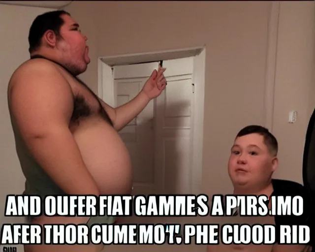 Image similar to a fat gamer looks like a pig. it's owner is looking at it from the door. the owner is a pimp. rent is due.