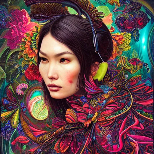 Image similar to portrait of gemma chan, hyper detailed masterpiece, neon floral pattern, jean giraud, digital art painting, darkwave goth aesthetic, psychedelic, artgerm, donato giancola and tom bagshaw