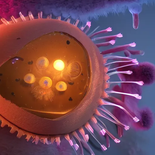 Image similar to tiny fur single - cell monster, floating, rbc, radiolaria, protophyta, micro - organisms, center, symmetric, rim light, marine microbiology, bioluminescence, electric, fur, soft, concept art, intricate details, highly detailed, colorful, photorealistic, disney pixar, octane render, iridescent, anime, 8 k