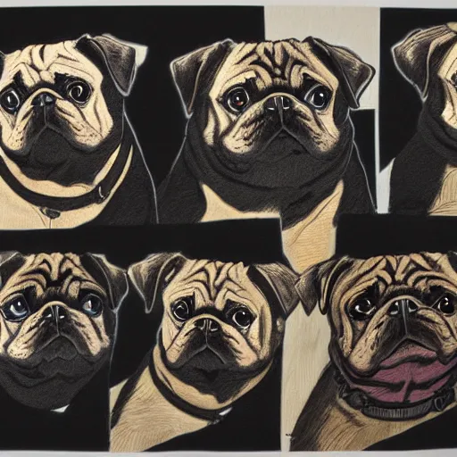 Image similar to self portrait showing family of pugs by yoji shinkawa, extra details, colored, 4 k, dynamic lighting