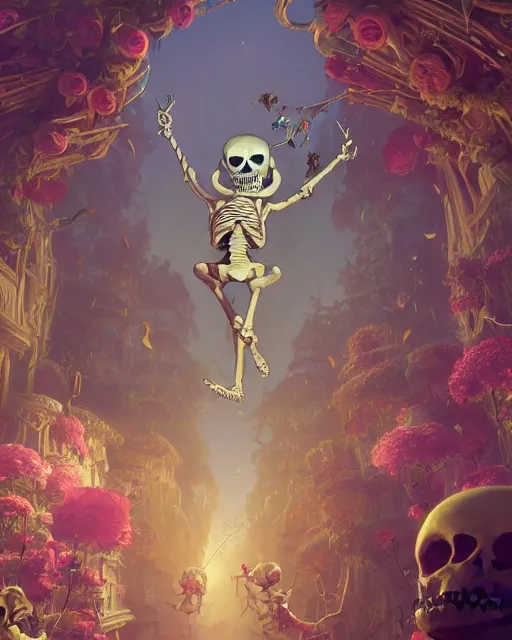 Image similar to highly detailed surreal vfx portrait of a happy skeletons in a fairytale world, stephen bliss, unreal engine, greg rutkowski, loish, rhads, beeple, makoto shinkai and lois van baarle, ilya kuvshinov, rossdraws, tom bagshaw, alphonse mucha, global illumination, detailed and intricate environment