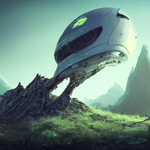 Prompt: concept art of a crashed alien spaceship on a strange alien planet with tall vegetation, artstation, 4k