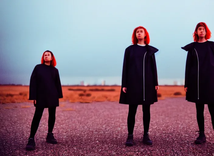 Image similar to cinestill 5 0 d closeup photographic portrait of two clones in front of a brutalist metal building, techwear women, on a desolate plain with a red sky, black oversized clothes, depth of field, 4 k, 8 k, hd, full color