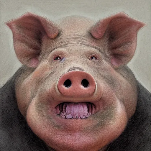 Prompt: anthropomorphic pig is vladimir putin pig hybrid, transformation, macabre, horror, by donato giancola and greg rutkowski and wayne barlow and zdzisław beksinski, realistic face, visible face, digital art