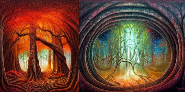 Image similar to painting of redwood tree and redstone labyrinth in the style of nebulapunk by dan seagrave and tomasz alen kopera