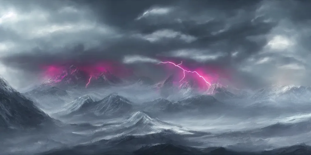Prompt: distant ruby lightning stormclouds far beyond a snowy mountain range, concept art