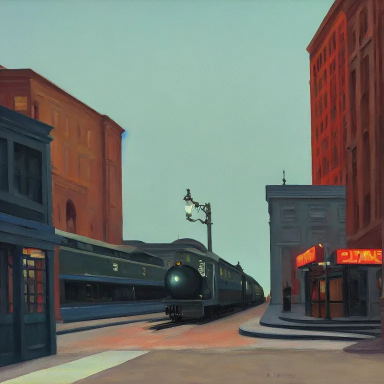 Prompt: dark city raised train platform, painted by Edward Hopper and James Gilleard, oil painting