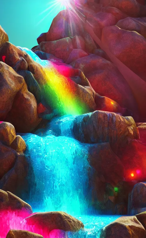 Prompt: looking up to a large rock mountain with a water fall flowing down from the top, the sun is behind it, neon colors, blue, pink, 8 k, concept art, ultra detailed, photo, award winning