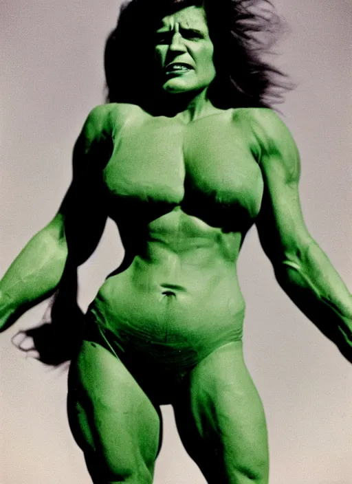 Image similar to a color photo portrait of she hulk in la by dorothea lange, dramatic lighting, 7 5 mm lens, sharp focus.