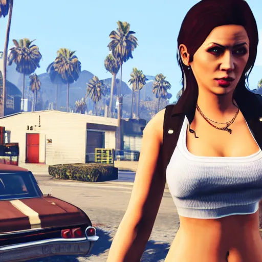 Prompt: gta 5, gta V style, gorgeous, girl with a gun