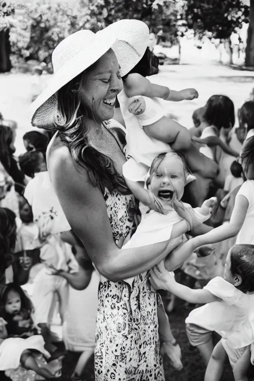 Image similar to “an exhausted beautiful mother wearing a sun hat and sundress, surrounded by exciting screaming children at a birthday party, 10 mm photo, Leica, F4”