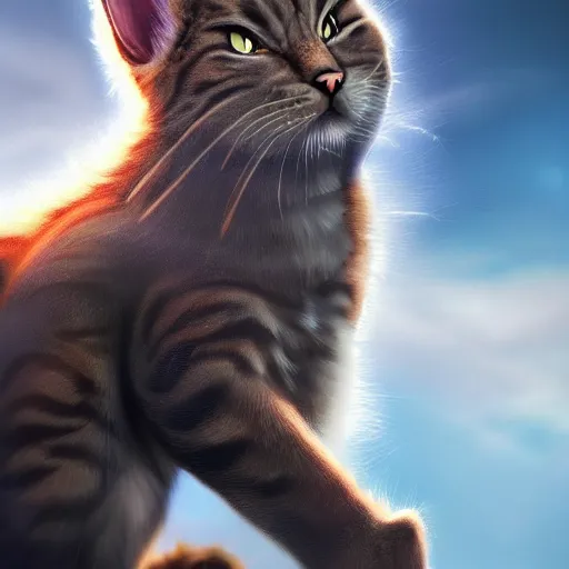 Image similar to cat - goku hybrid, genkidama, golden hour, fantasy, sharp focus, digital art, hyper realistic, 4 k, unreal engine, highly detailed, hd, dramatic lighting by brom, trending on artstation, new cats movie