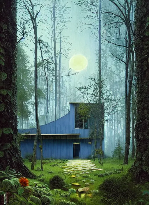 Image similar to hyper realistic witchy modern house with mood lighting and tech in the woods gorgeous lighting, blue sky, highly detailed, lush forest foliage painting by zdzisław beksinski and norman rockwell and greg rutkowski weta studio, and lucasfilm