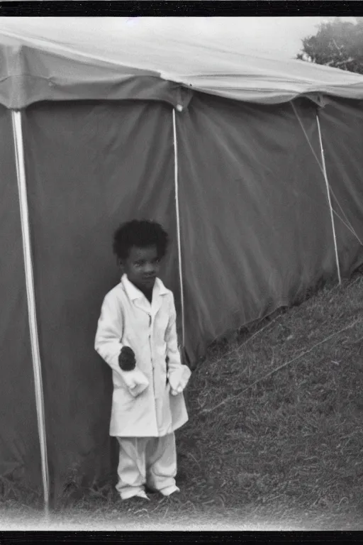 Image similar to photo polaroid of a sad and lonely child in a white coat and barefoot stands in the middle from behind the camera many big tents of field hospitals, pandemic, covid, loneliness, black and white ,photorealistic, 35mm film,