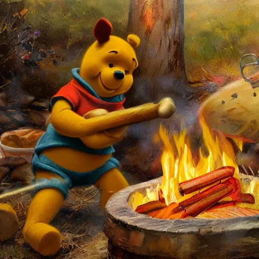 Image similar to close up of winnie the pooh cooking a whole hog roast over a fire, cinematographic shot, by daniel f. gerhartz