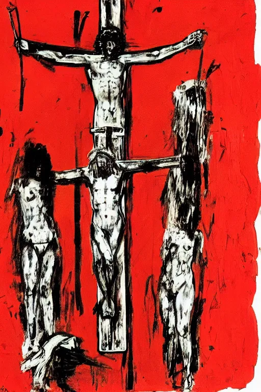 Image similar to bloody christ crucified and huge ufo of light in the sky painted by cy twombly and andy warhol