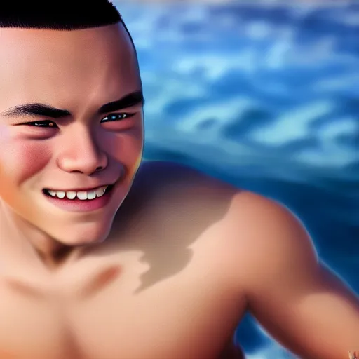 Image similar to beautiful serene intricate photograph of sokka from the water tribe as an inuit young man, dark hair, light blue eyes, smiling softly, relaxing on the beach, golden hour, soft focus, 8 k, art by irakli nadar, hyperrealism, hyperdetailed, ultra realistic