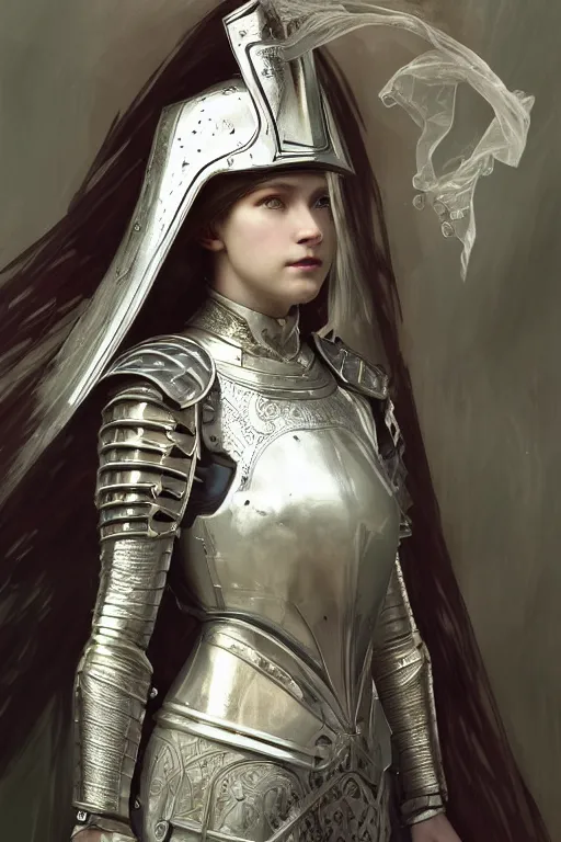 Image similar to beautiful and victorian and holy and divine and elite young medieval female white armor knight portrait +shinny eyes+front face with light flowing hair, ultradetail face, art and illustration by tian zi and craig mullins and WLOP and alphonse mucha, fantasy, intricate complexity, human structure, human anatomy, fantasy character concept, watermark, blurry, hyperrealism 8k