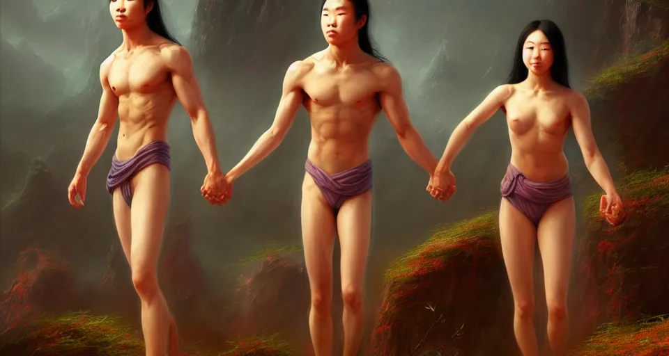 Image similar to young asian fit male and female, small cloths, holding each other hands, by kyu yong eom thomas cole and wayne barlowe, 8 k, high detail, fantasy art, dnd, artstation,