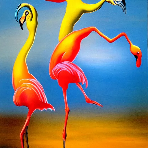 Image similar to Pair of dancing flamingos with a flying egg, oil painting by Salvador Dali.