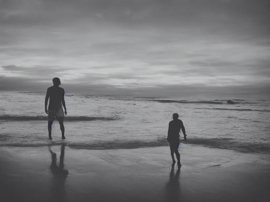 Image similar to 3 5 mm photography of huggy wuggy on a beach, sunset